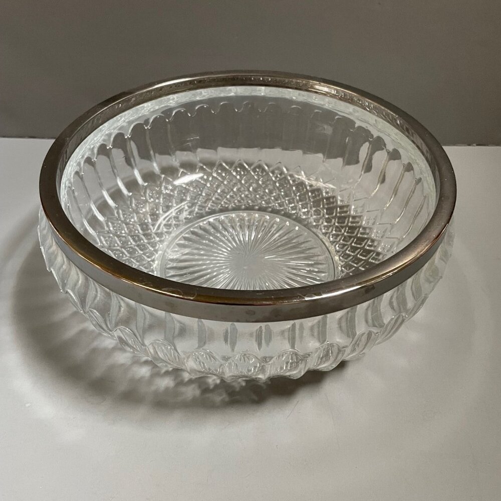 Cut Crystal Large Glass Bowl with Silver Plate Trim